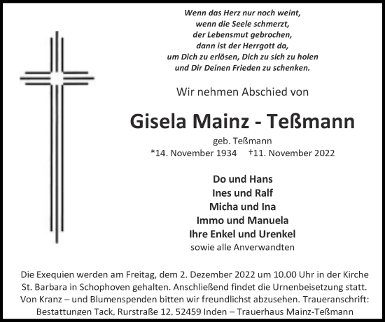 Traueranzeige von Gisela  Mainz-Teßmann von Zeitung am Sonntag