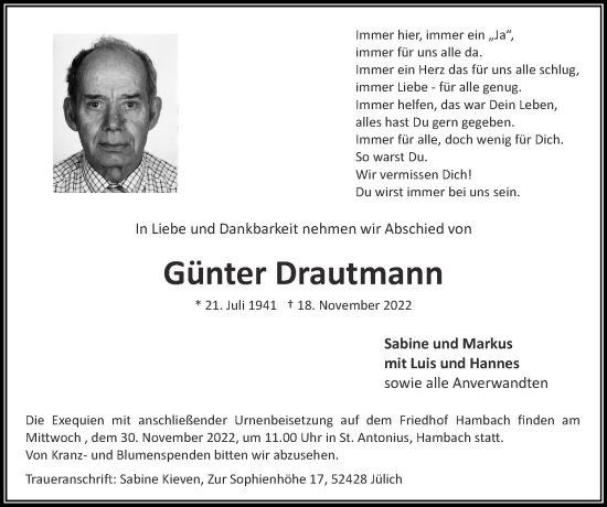 Traueranzeige von Günter Drautmann von Zeitung am Sonntag