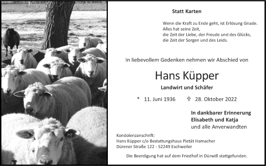 Traueranzeige von Hans Küpper von Zeitung am Sonntag