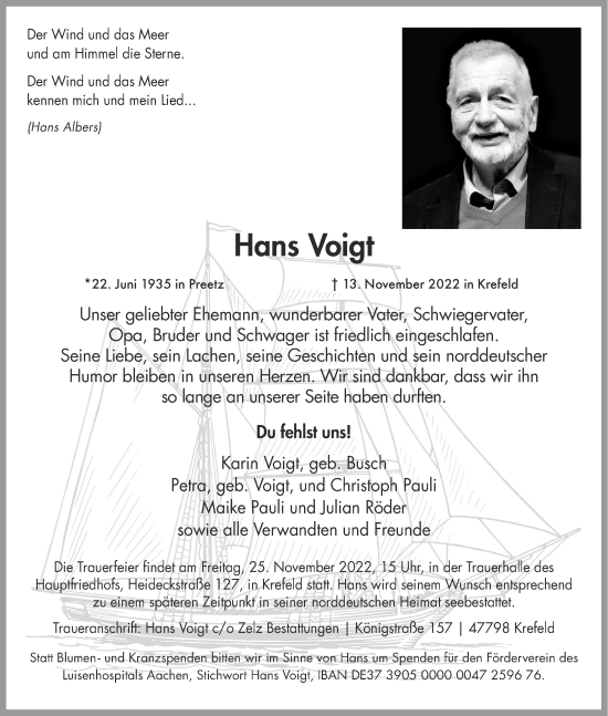 Traueranzeige von Hans Voigt von Aachener Zeitung / Aachener Nachrichten