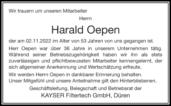 Traueranzeige von Harald Oepen von Zeitung am Sonntag