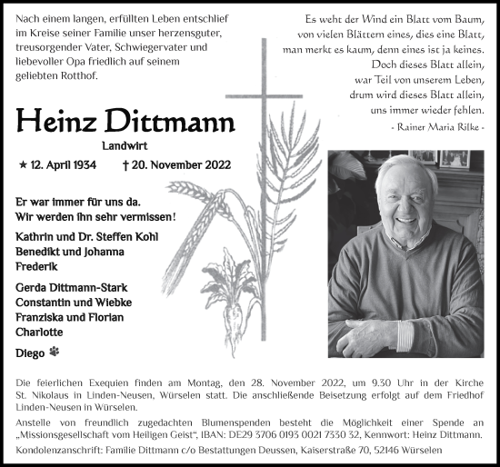 Traueranzeige von Heinz Dittmann von Zeitung am Sonntag
