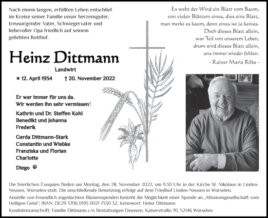 Traueranzeige von Heinz Dittmann von Aachener Zeitung / Aachener Nachrichten