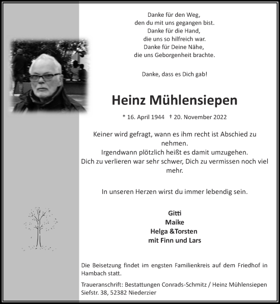 Traueranzeige von Heinz Mühlensiepen von Zeitung am Sonntag
