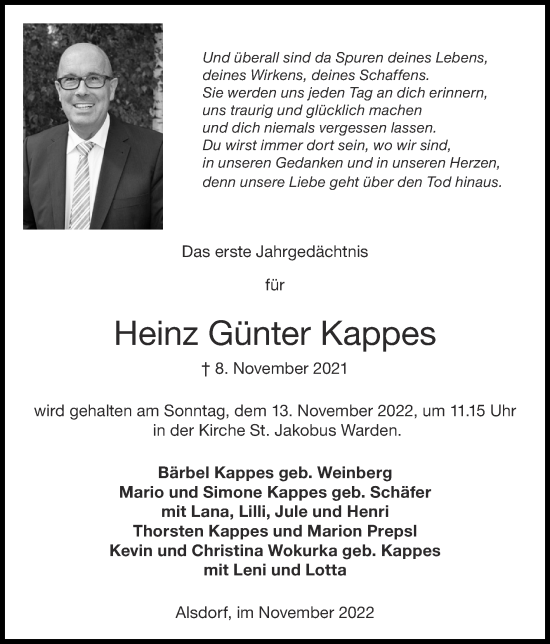 Traueranzeige von Heinz Günter Kappes von Zeitung am Sonntag