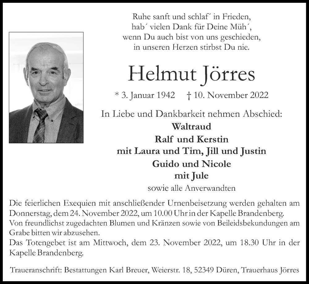  Traueranzeige für Helmut Jörres vom 20.11.2022 aus Zeitung am Sonntag