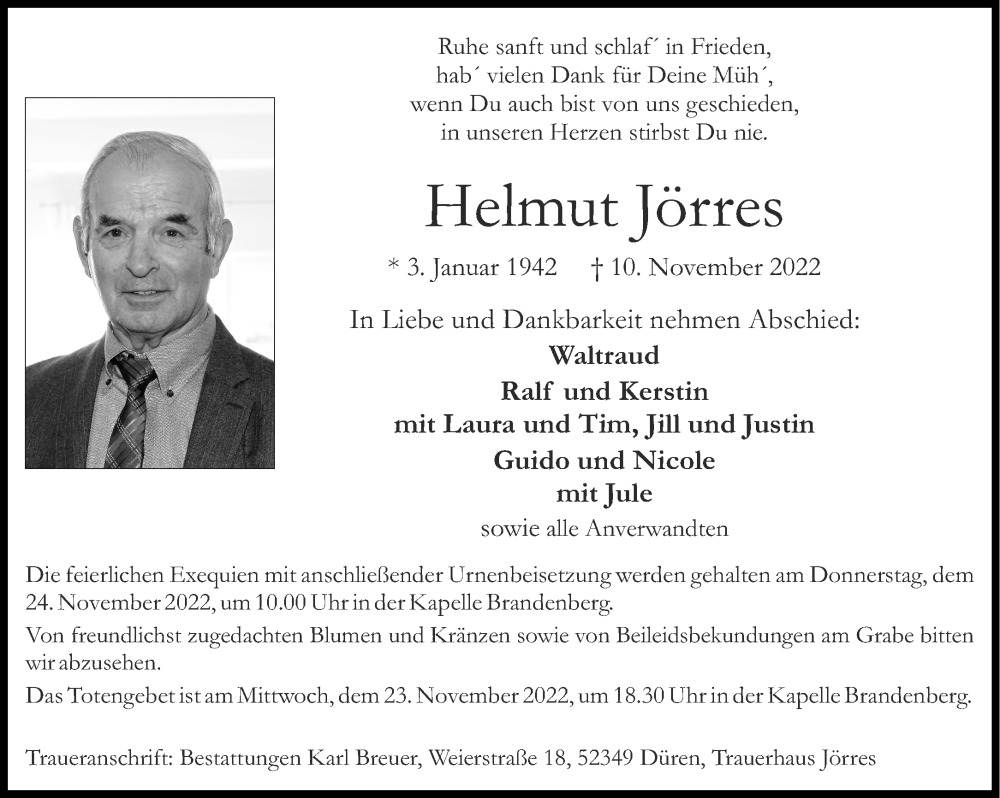  Traueranzeige für Helmut Jörres vom 19.11.2022 aus Aachener Zeitung / Aachener Nachrichten