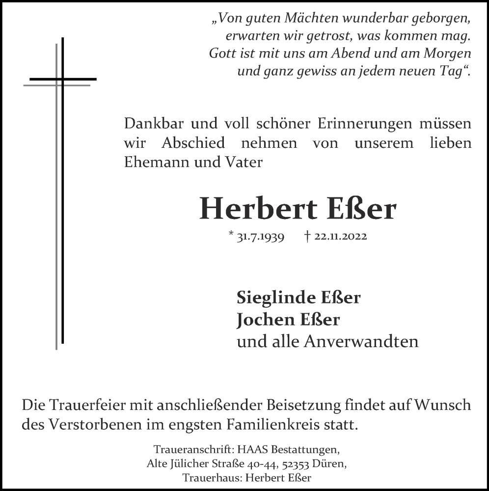  Traueranzeige für Herbert Eßer vom 27.11.2022 aus Zeitung am Sonntag