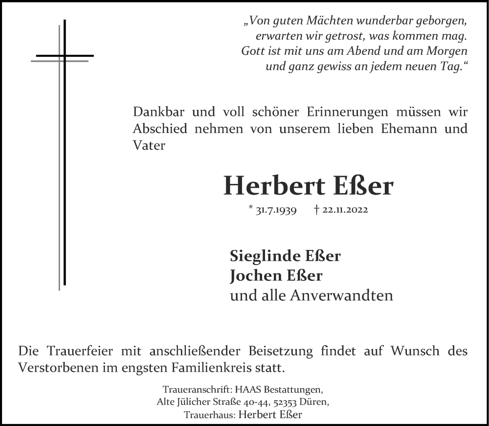  Traueranzeige für Herbert Eßer vom 26.11.2022 aus Aachener Zeitung / Aachener Nachrichten