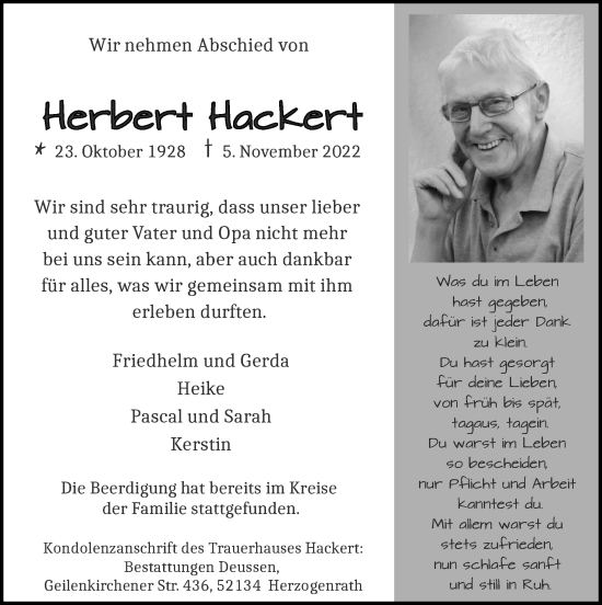 Traueranzeige von Herbert Hackert von Zeitung am Sonntag