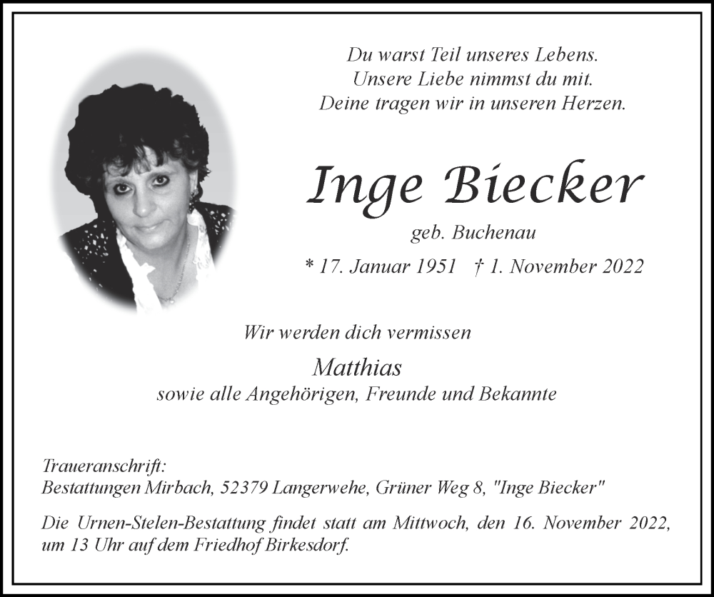  Traueranzeige für Inge Biecker vom 13.11.2022 aus Zeitung am Sonntag