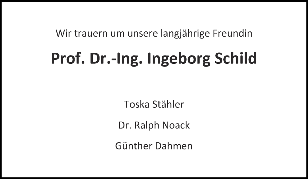 Traueranzeige für Ingeborg Schild vom 19.11.2022 aus Aachener Zeitung / Aachener Nachrichten