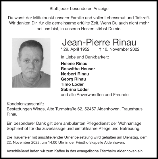 Traueranzeige von Jean-Pierre Rinau von Zeitung am Sonntag