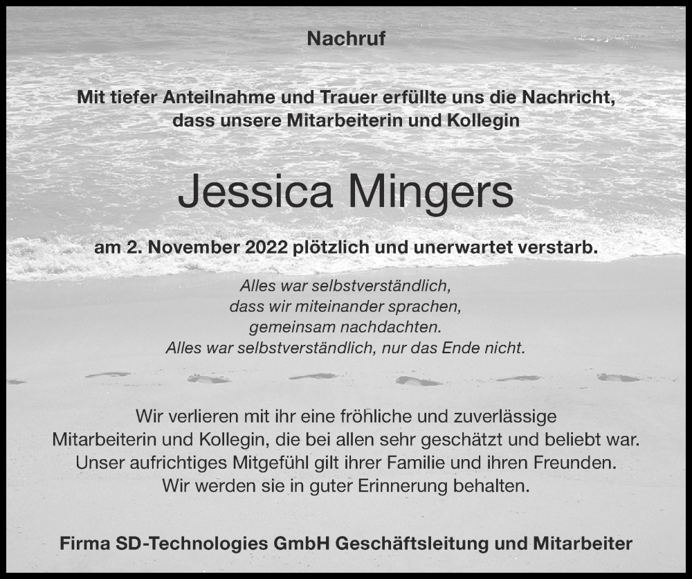  Traueranzeige für Jessica Mingers vom 20.11.2022 aus Zeitung am Sonntag