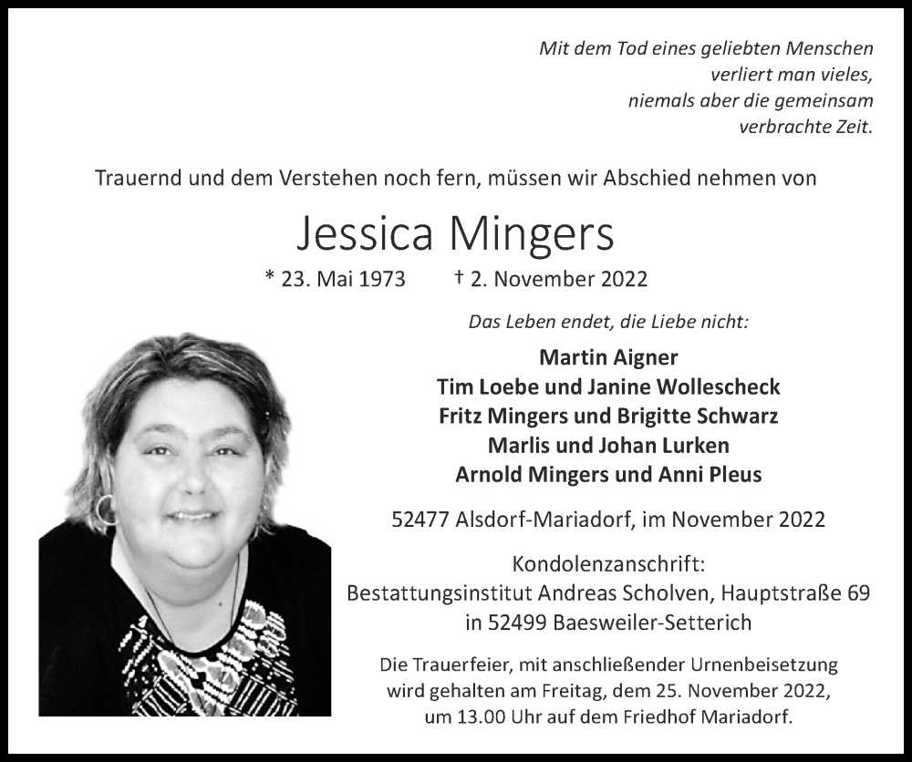  Traueranzeige für Jessica Mingers vom 20.11.2022 aus Zeitung am Sonntag