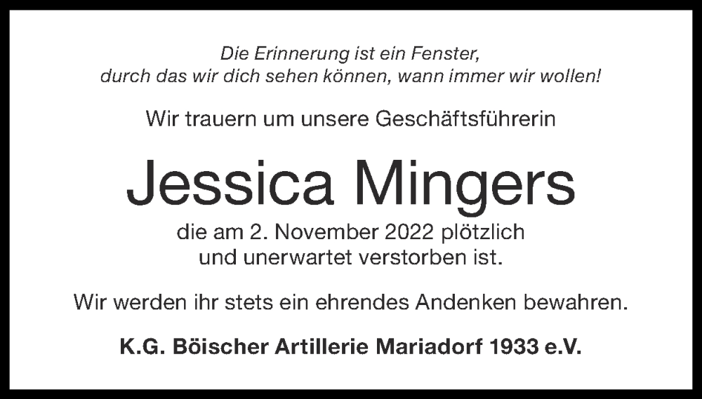  Traueranzeige für Jessica Mingers vom 27.11.2022 aus Zeitung am Sonntag