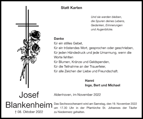 Traueranzeige von Josef Blankenheim von Zeitung am Sonntag