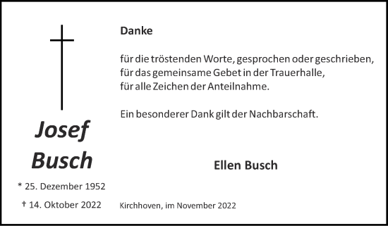 Traueranzeige von Josef Busch von Zeitung am Sonntag