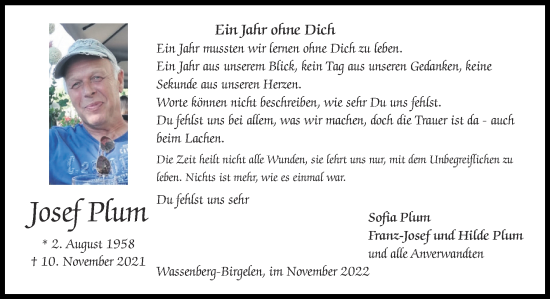 Traueranzeige von Josef Plum von Zeitung am Sonntag