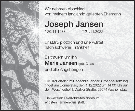 Traueranzeige von Joseph Jansen von Aachener Zeitung / Aachener Nachrichten