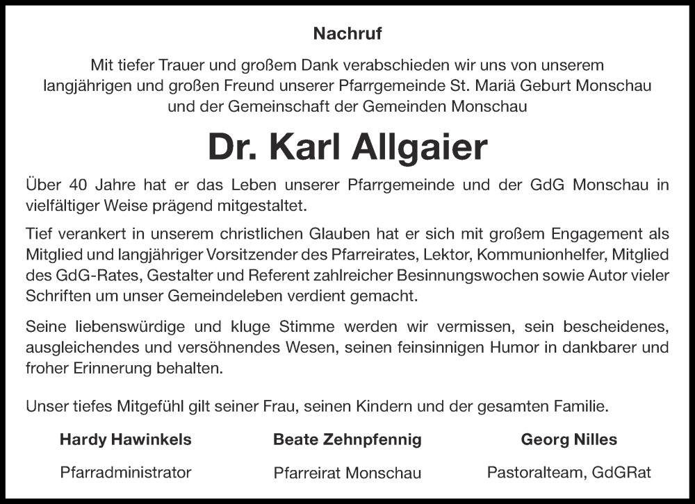  Traueranzeige für Karl Allgaier vom 19.11.2022 aus Aachener Zeitung / Aachener Nachrichten
