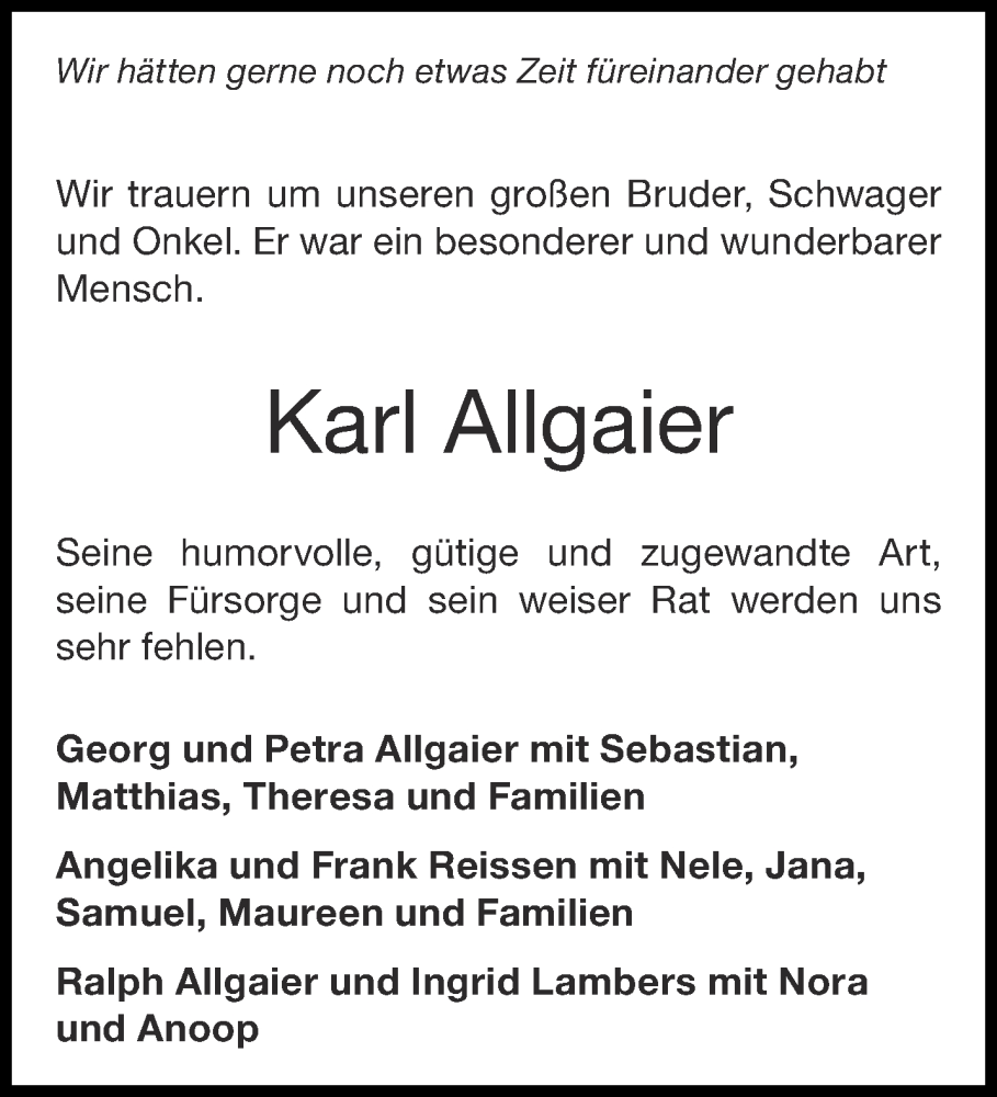  Traueranzeige für Karl Allgaier vom 19.11.2022 aus Aachener Zeitung / Aachener Nachrichten
