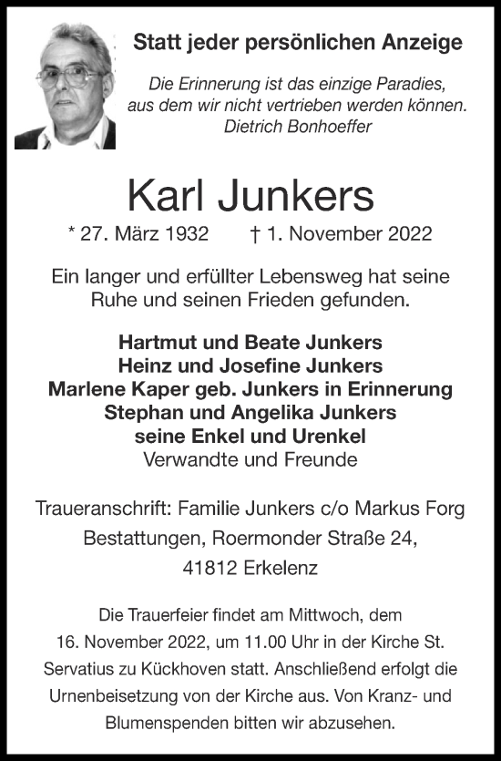 Traueranzeige von Karl Junkers von Zeitung am Sonntag