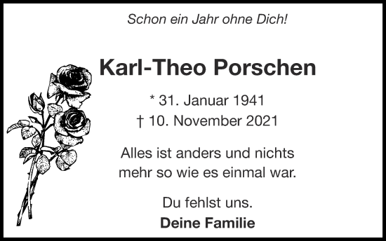 Traueranzeige von Karl-Theo Porschen von Zeitung am Sonntag