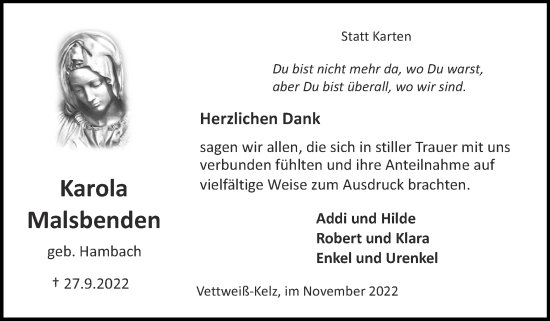 Traueranzeige von Karola Malsbenden von Zeitung am Sonntag