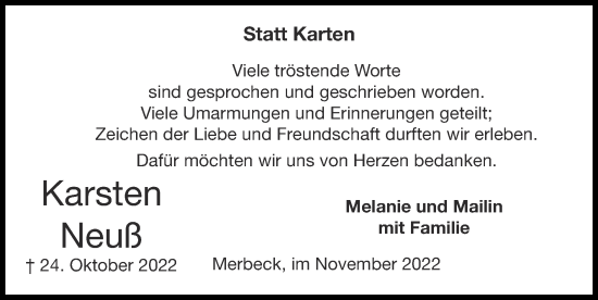 Traueranzeige von Karsten Neuß von Zeitung am Sonntag