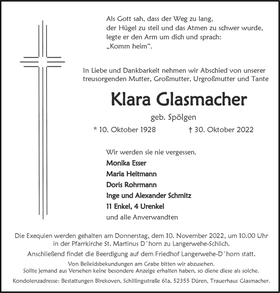 Traueranzeige von Klara Glasmacher von Zeitung am Sonntag
