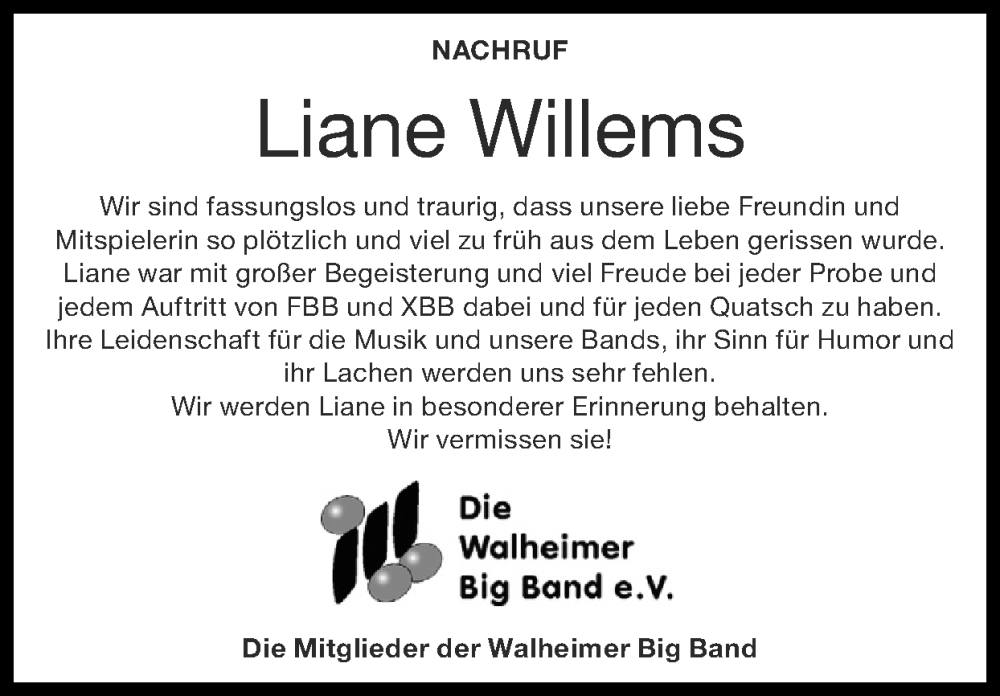  Traueranzeige für Liane Corinna Willems vom 20.11.2022 aus Zeitung am Sonntag