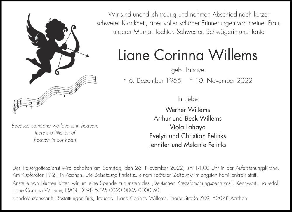  Traueranzeige für Liane Corinna Willems vom 19.11.2022 aus Aachener Zeitung / Aachener Nachrichten