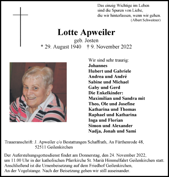 Traueranzeige von Lotte Apweiler von Zeitung am Sonntag