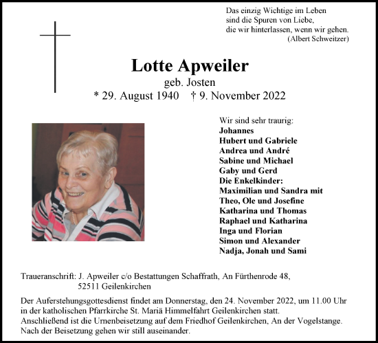 Traueranzeige von Lotte Apweiler von Aachener Zeitung / Aachener Nachrichten