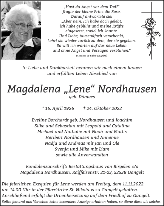 Traueranzeige von Magdalena Nordhausen von Zeitung am Sonntag