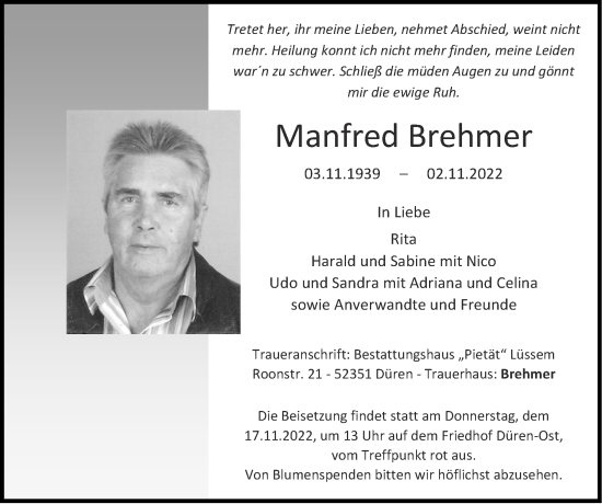 Traueranzeige von Manfred Brehmer von Zeitung am Sonntag