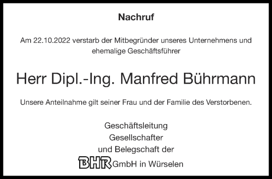 Traueranzeige von Manfred Bührmann von Aachener Zeitung / Aachener Nachrichten