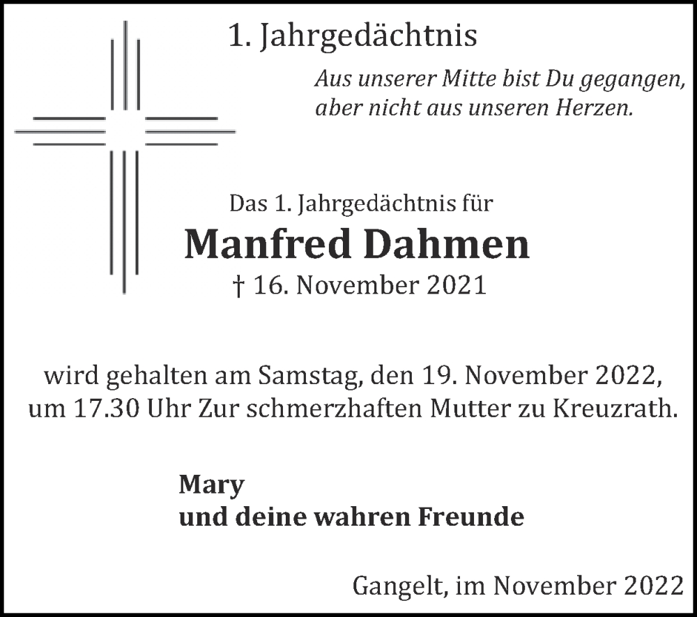  Traueranzeige für Manfred Dahmen vom 06.11.2022 aus Zeitung am Sonntag