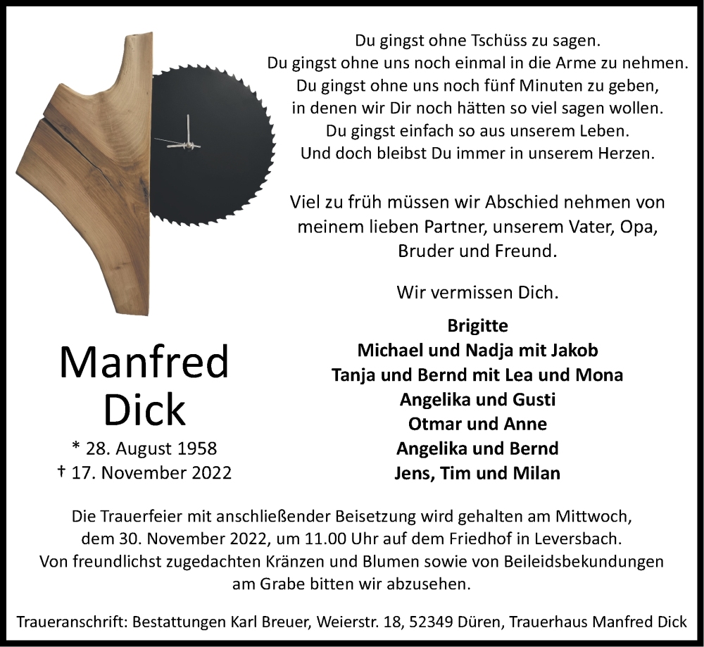  Traueranzeige für Manfred Dick vom 27.11.2022 aus Zeitung am Sonntag