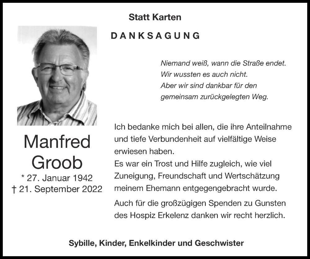  Traueranzeige für Manfred Groob vom 06.11.2022 aus Zeitung am Sonntag