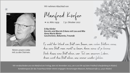 Traueranzeige von Manfred Körfer von Zeitung am Sonntag