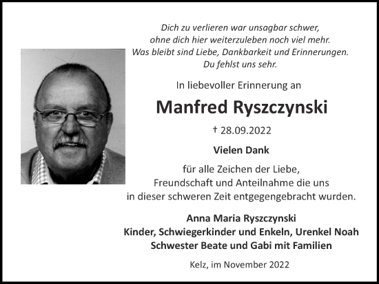 Traueranzeige von Manfred Ryszczynski von Zeitung am Sonntag