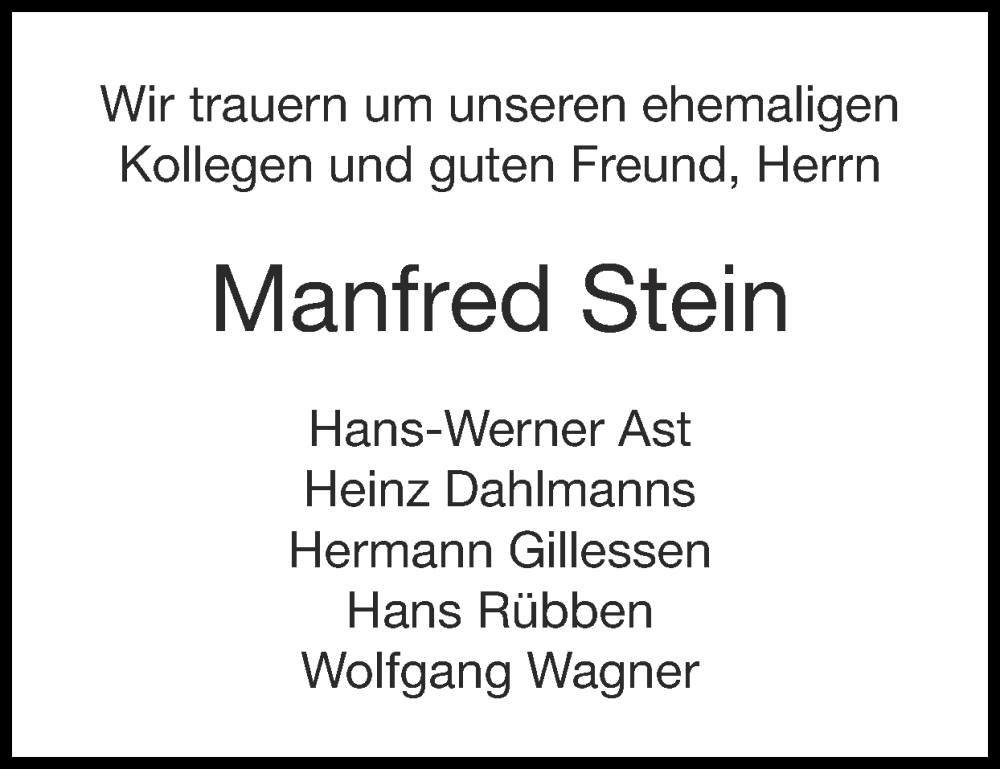  Traueranzeige für Manfred Stein vom 13.11.2022 aus Zeitung am Sonntag