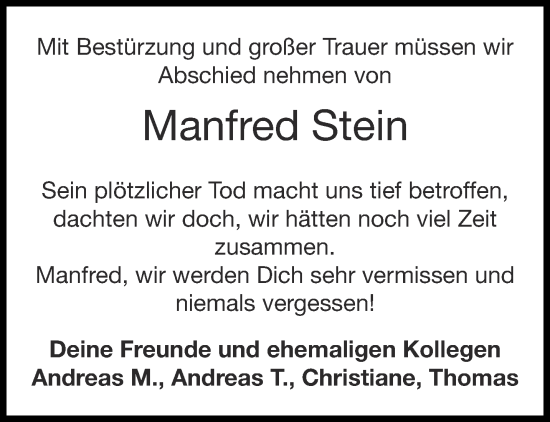 Traueranzeige von Manfred Stein von Aachener Zeitung / Aachener Nachrichten