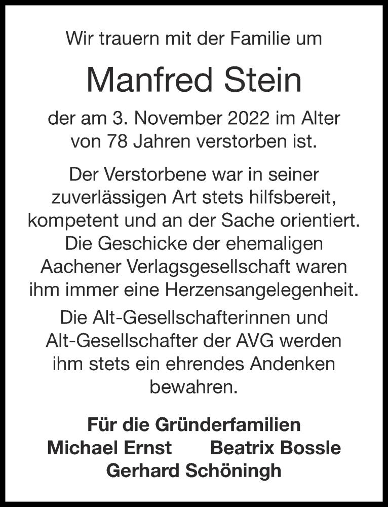  Traueranzeige für Manfred Stein vom 13.11.2022 aus Zeitung am Sonntag