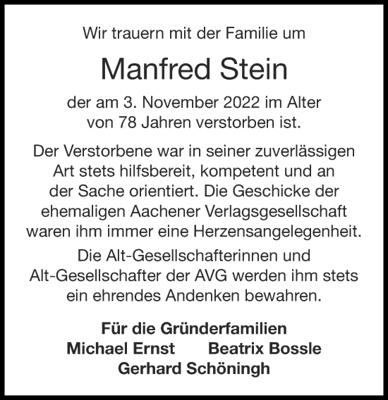 Traueranzeige von Manfred Stein von Aachener Zeitung / Aachener Nachrichten