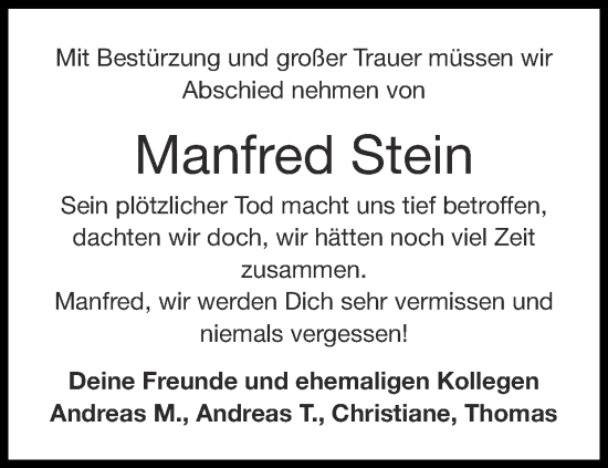 Traueranzeige von Manfred Stein von Zeitung am Sonntag