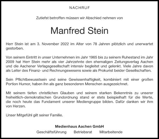 Traueranzeige von Manfred Stein von Aachener Zeitung / Aachener Nachrichten