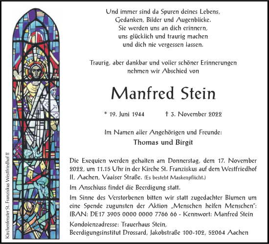 Traueranzeige von Manfred Stein von Zeitung am Sonntag